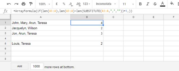 Array formula to count comma-separated words in Google Sheets