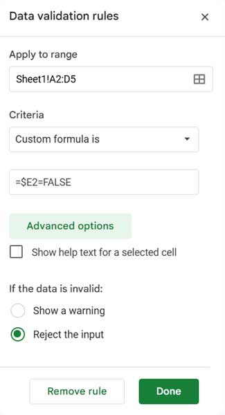 Data validation rules to reject input based on tick boxes in Google Sheets