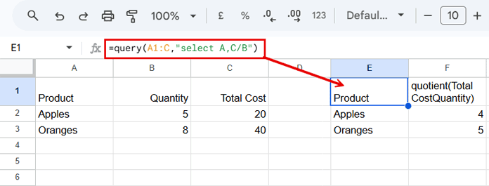 Division in Google Sheets QUERY to calculate cost per unit
