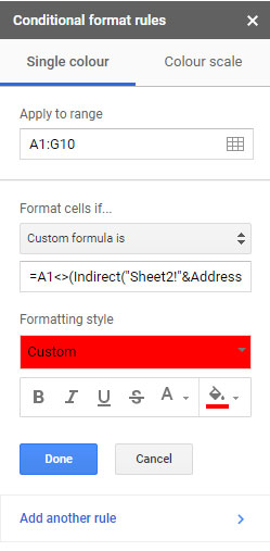 formula rule to highlight cells after comparing two sheets