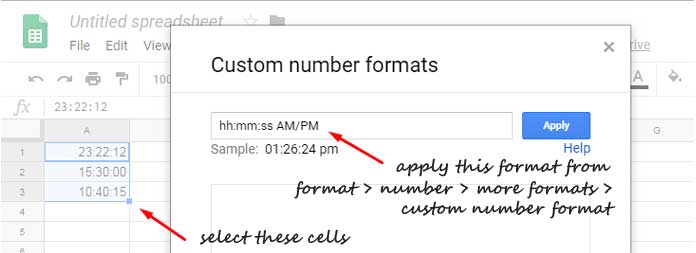 convert 24-hour time format to 12-hour format in Google Sheets