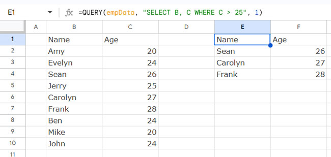 Example of using a named range in the QUERY data in Google Sheets