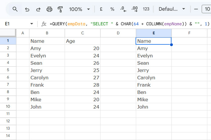 Example of using a named range in the QUERY string in Google Sheets