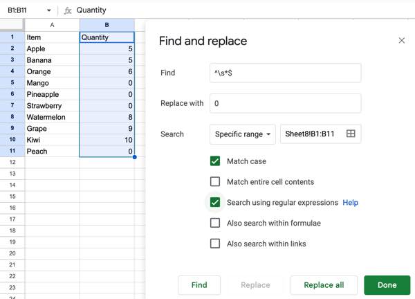Replace Empty Cells with 0 in Google Sheets using Find and Replace