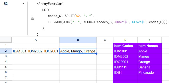 Example of replacing multiple comma-separated values in a cell in Google Sheets