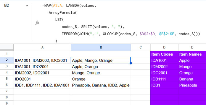 Example of replacing multiple comma-separated values in a column in Google Sheets