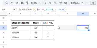 Reverse VLOOKUP example in Google Sheets to find data from the left of a table