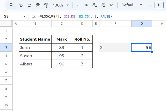 Reverse VLOOKUP example in Google Sheets to find data from the left of a table