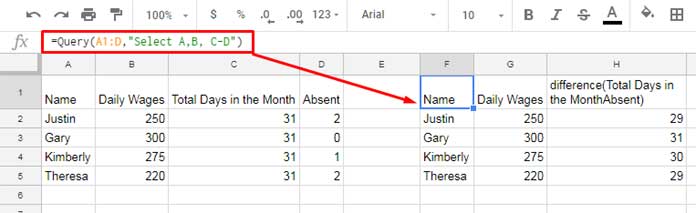 Subtraction in Google Sheets Query