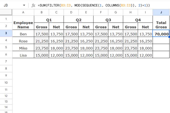 Example of summing every alternate column in a row in Google Sheets