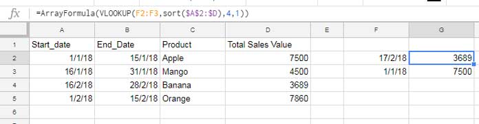 Vlookup a Date Range in Google Sheets [Sorted/Unsorted Data]