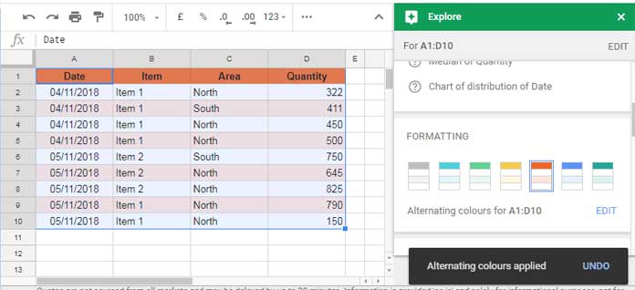 alternating cell color via Explore in Sheets