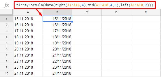 Google Sheets Formula để chuyển đổi định dạng ngày từ dấu chấm thành dấu gạch chéo