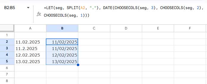 Example of converting text-formatted dates with dots to a valid date format using slashes in Google Sheets