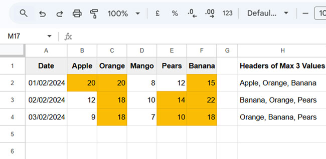 Headers of the top 3 maximum values in each row in Google Sheets