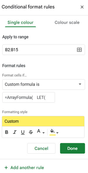 Custom rule settings for partial matches in the Conditional Format panel in Google Sheets