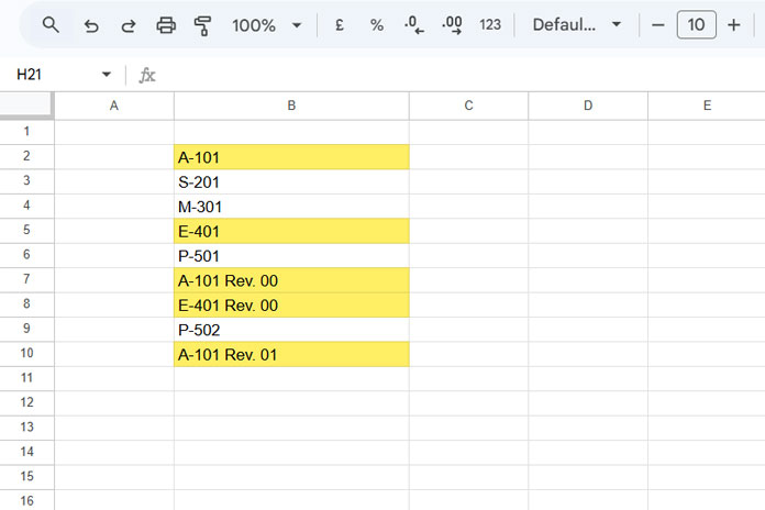 Example showing partial matching duplicates highlighted in Google Sheets