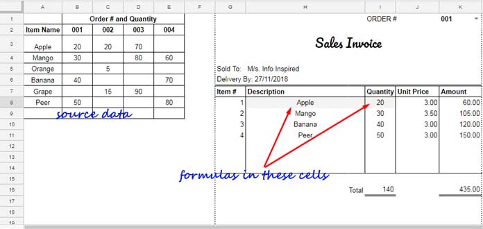 Sales Invoice - Order Item and Qty Using formulas