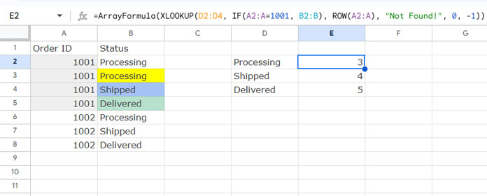 Sample Data for Finding Row Numbers Where Status Changes