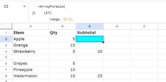 Subtotals calculated up to the first blank cell and displayed against the last non-blank cell above in Google Sheets