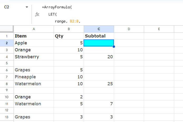 Subtotals calculated up to the first blank cell and displayed against the last non-blank cell above in Google Sheets