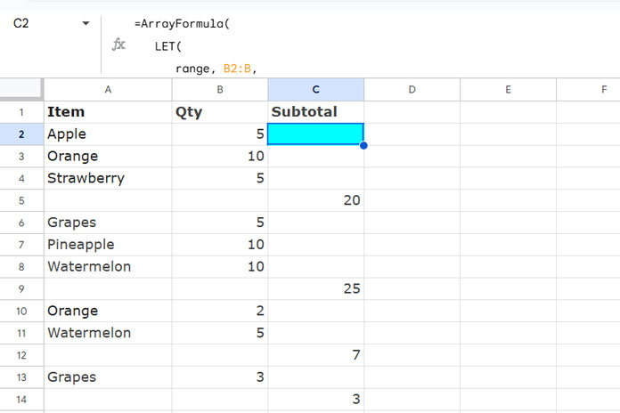 Subtotals calculated up to the first blank cell and displayed adjacent to the blank cells in Google Sheets