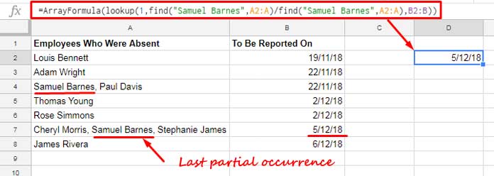 Formula to Lookup Last Partial Occurrence in Google Sheets