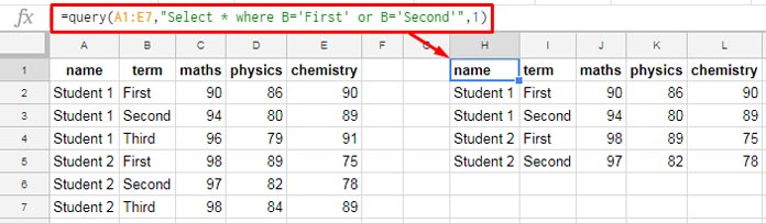 OR Logical Operator in Sheets Query