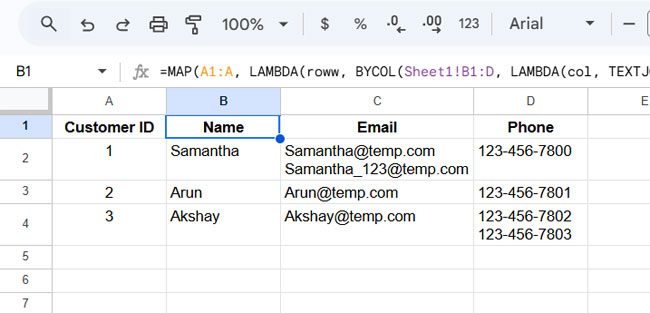 Example of Combining Duplicate Rows in Google Sheets Using a Formula