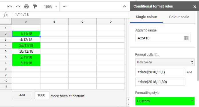 Highlighting dates within two specified dates in Google Sheets