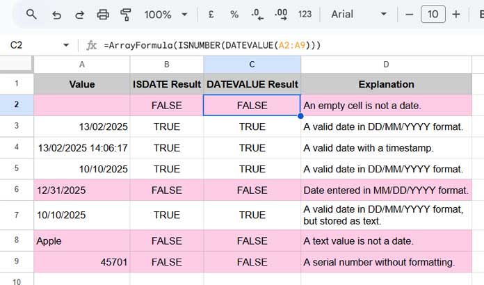 Example of using DATEVALUE as a replacement for ISDATE in an array