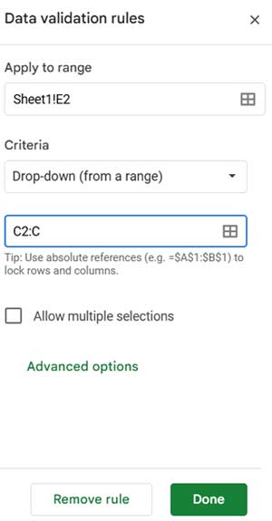 Drop-Down Settings: Apply to Range and Criteria