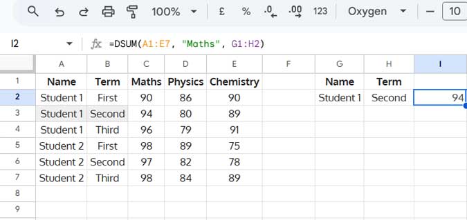 Example of DSUM with an AND condition in Google Sheets