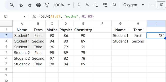 Example of AND and OR logic in DSUM in Google Sheets