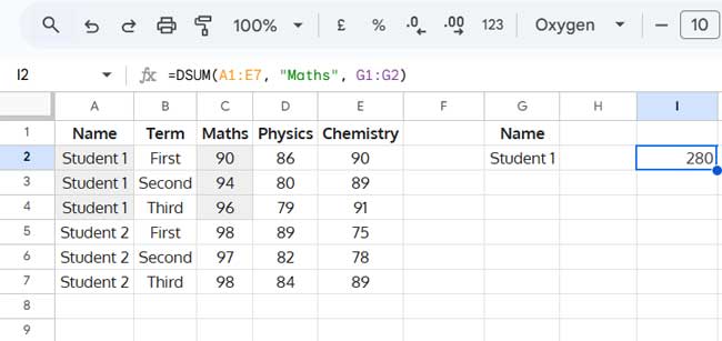 Example of DSUM with a single criterion in Google Sheets