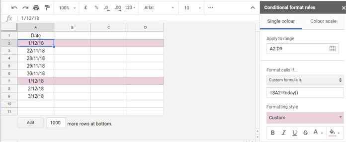 Google Sheets - Entire row highlighted if cell matches today's date