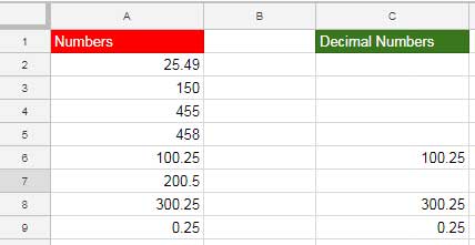 filter decimal numbers in Google Sheets