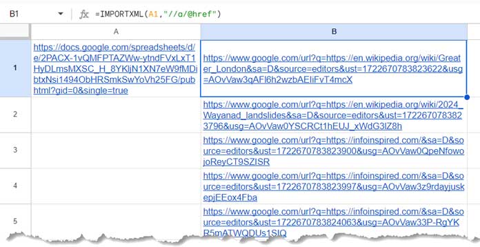 IMPORTXML formula extracts URLs from website links