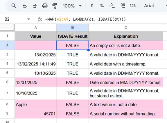 Example of ISDATE function with MAP for row-wise results