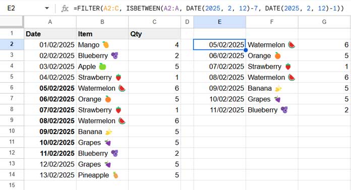 Example of filtering the last N days from a specific date