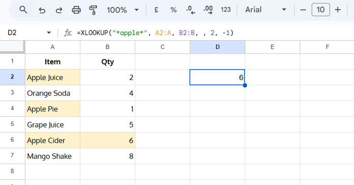 Example of looking up the last partial match in Google Sheets using a case-insensitive wildcard match