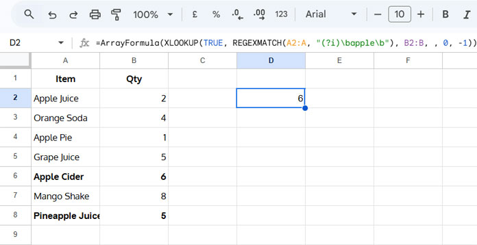 Example of looking up the last partial match with a case-insensitive word boundary in Google Sheets