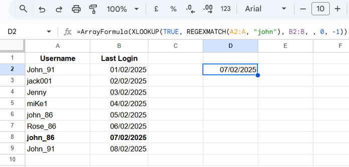 Example of looking up the last occurrence of a partial match case-sensitively in Google Sheets