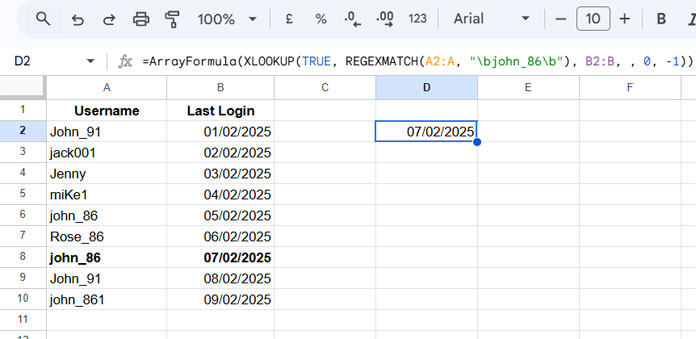 Example of finding a case-sensitive partial match with a word boundary in Google Sheets