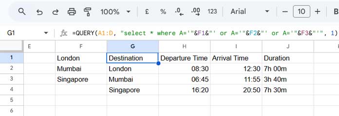 Example of applying multiple OR conditions in Google Sheets QUERY using the OR logical operator