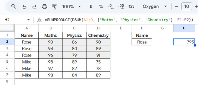 Example of Summing Multiple Columns in DSUM