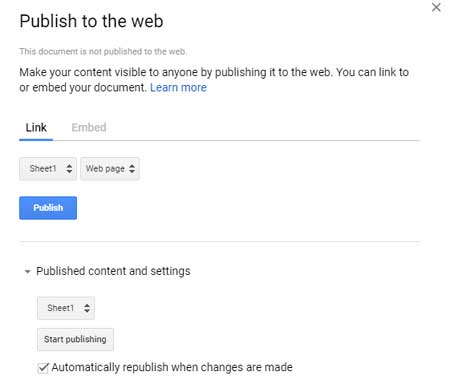 publish Sheets to the web