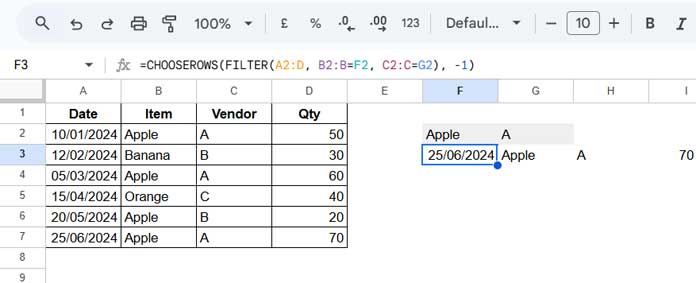 Example of finding the last occurrence of multiple criteria in Google Sheets using FILTER and CHOOSEROWS functions