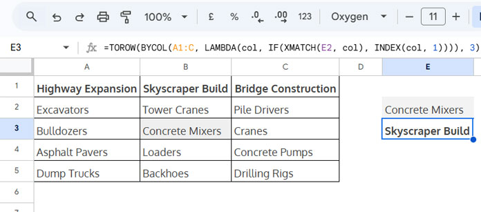 Find the column header for a value in a table in Google Sheets