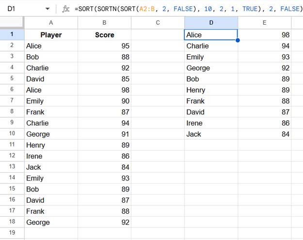 Example: Find top 10 unique names by score in Google Sheets